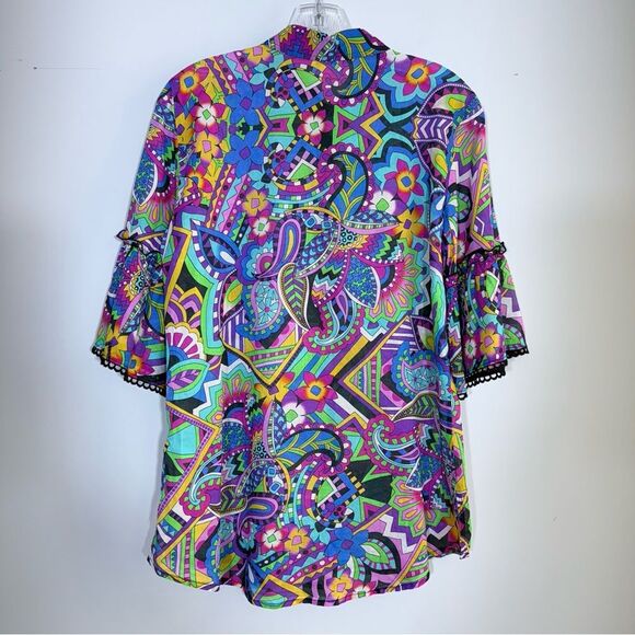 Johnny Was Demarne Ruffle Sleeve Tunic Shirt Top R24924 XS Multi Boho Chic - Picture 8 of 16